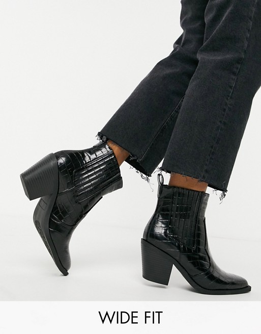 Glamorous Wide Fit western boots in black croc