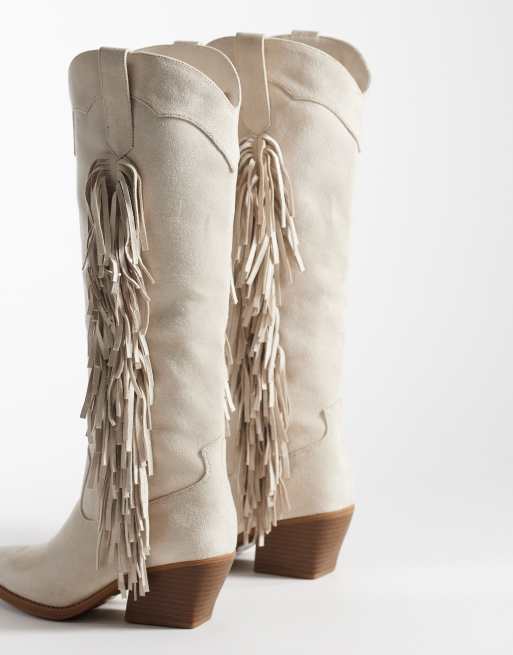 Glamorous Wide Fit western fringe knee boots in cream suedette, 4 of 4