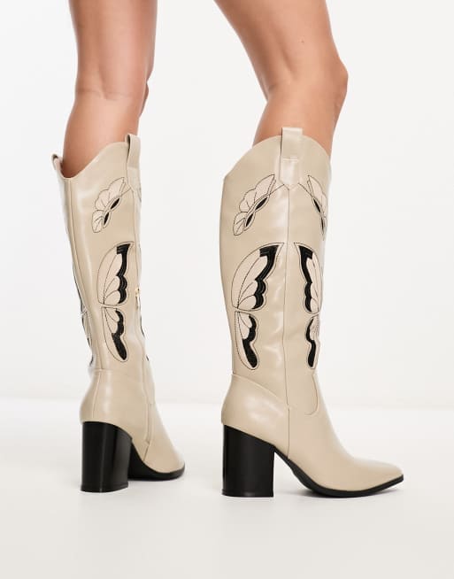 Glamorous Wide Fit western heeled knee boots in cream