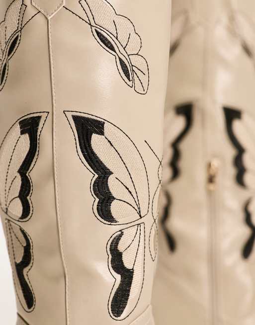 Glamorous Wide Fit western heeled knee boots in cream, 4 of 4