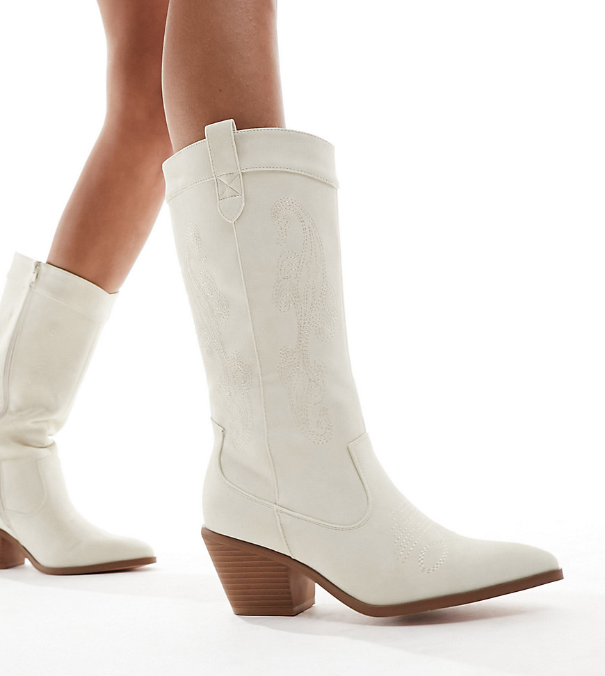 Glamorous Wide Fit western knee boots in off white micro