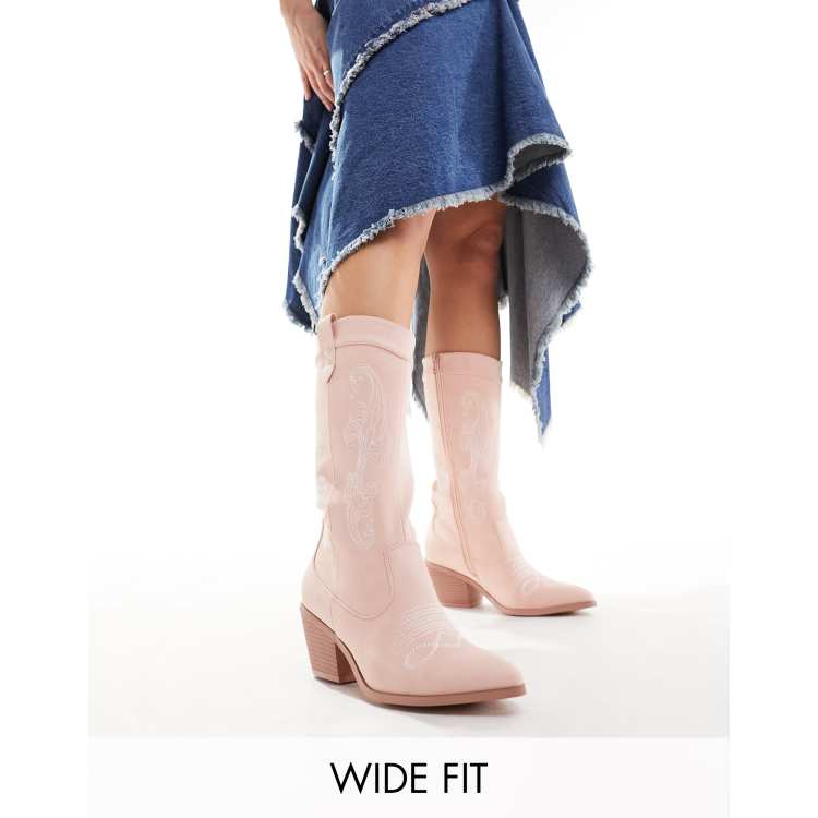 Glamorous Wide Fit western knee boots in pink micro ASOS