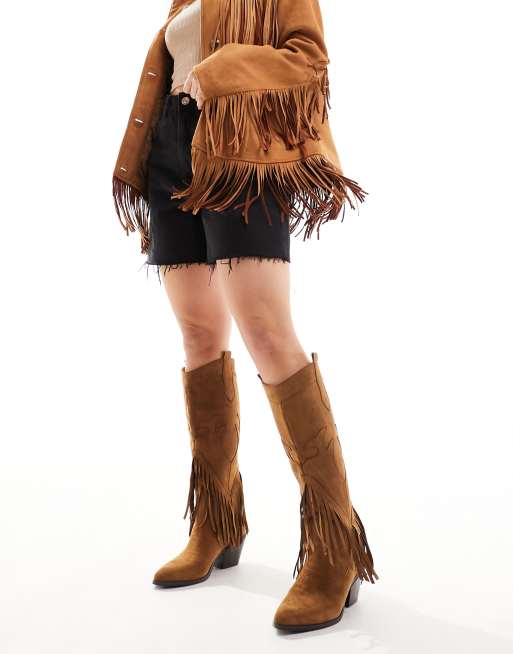 Glamorous Wide Fit - Western knielaarzen met kwastjes in kastanjebruin