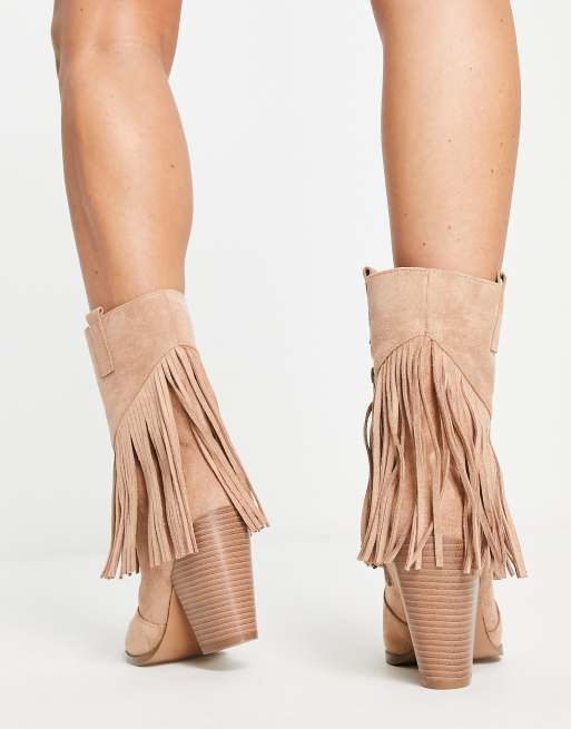 Glamorous Wide Fit - Western laarzen met en franjes in beige | ASOS