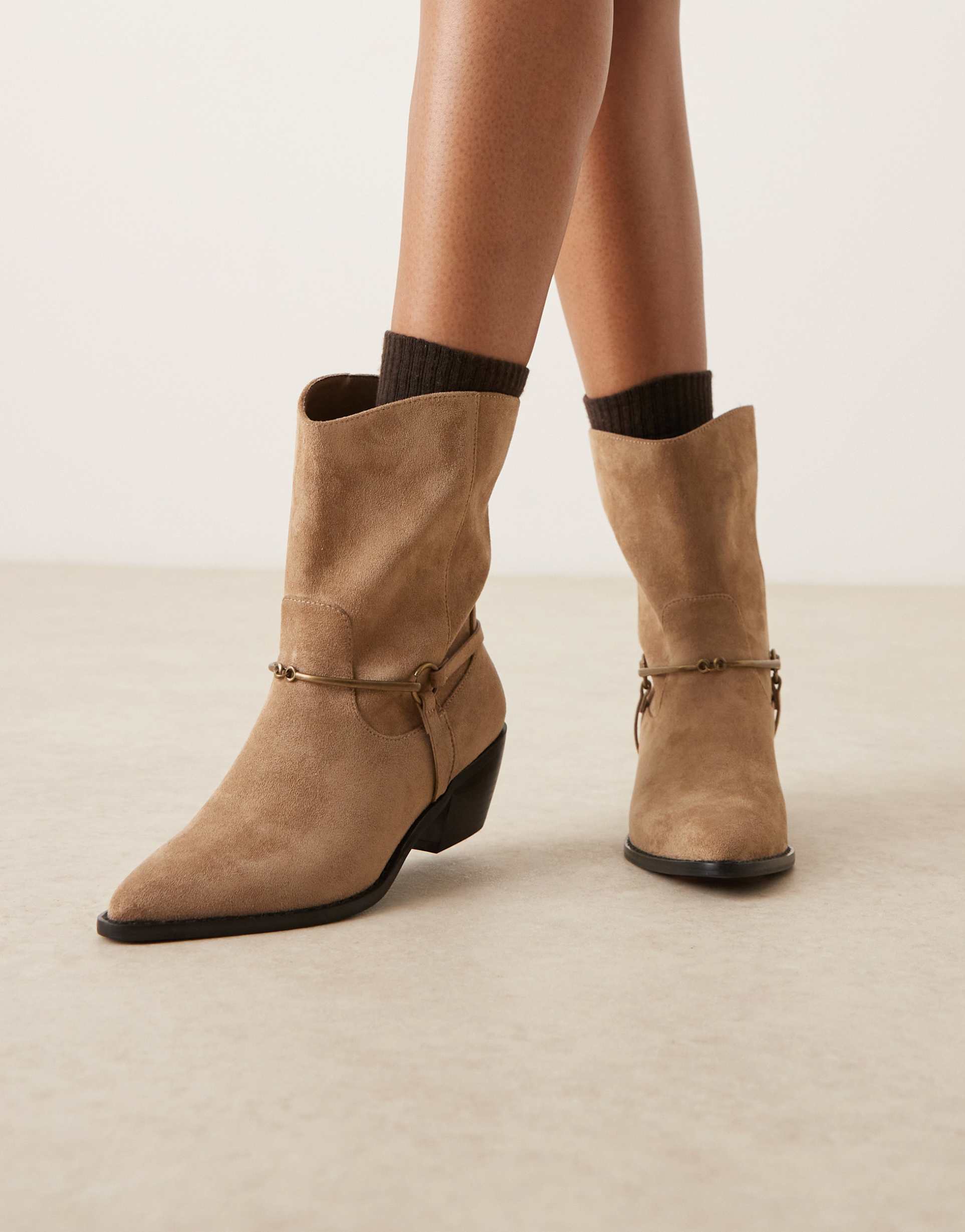 glamorous wide fit western low ankle boots in taupe micro
