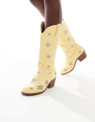 Glamorous Wide Fit - Westernstiefel in Gelb mit Stern-Verzierung, weite Passform