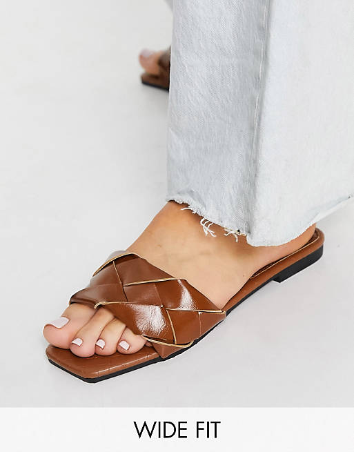 Glamorous Wide Fit woven flat slides in brown