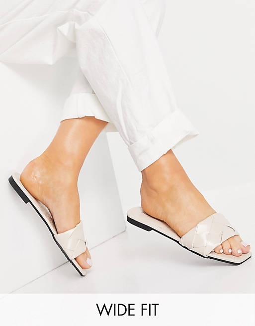 Glamorous Wide Fit woven flat slides in white