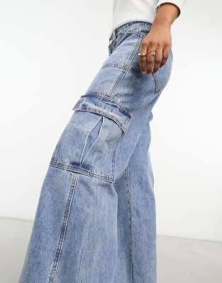 Glamorous wide leg cargo jeans in stone wash denim