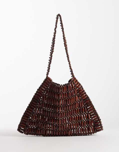 Glamorous wooden bead shoulder bag in dark brown - view 1