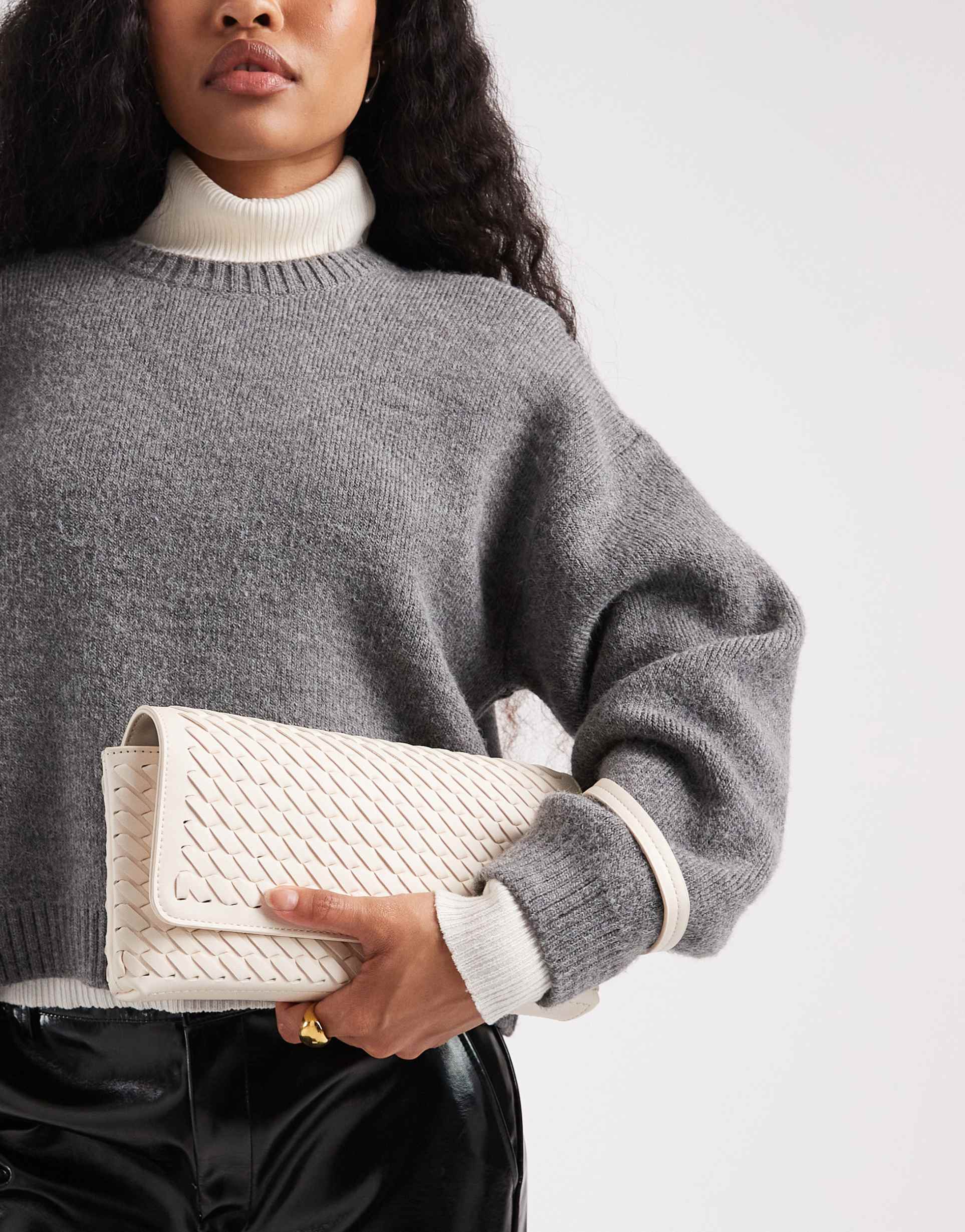 glamorous woven clutch bag in cream