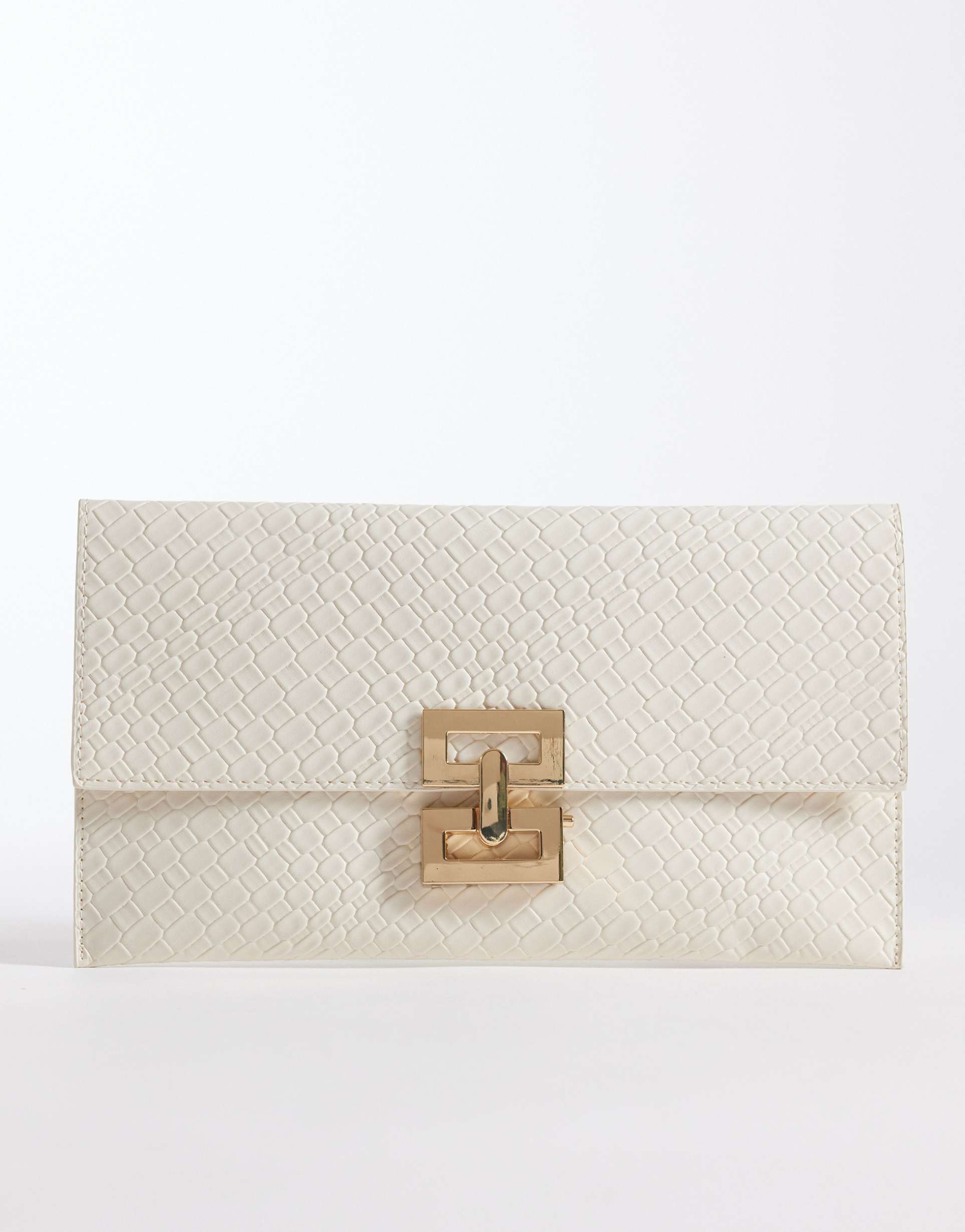 glamorous woven clutch purse with gold-tone metal clasp in cream