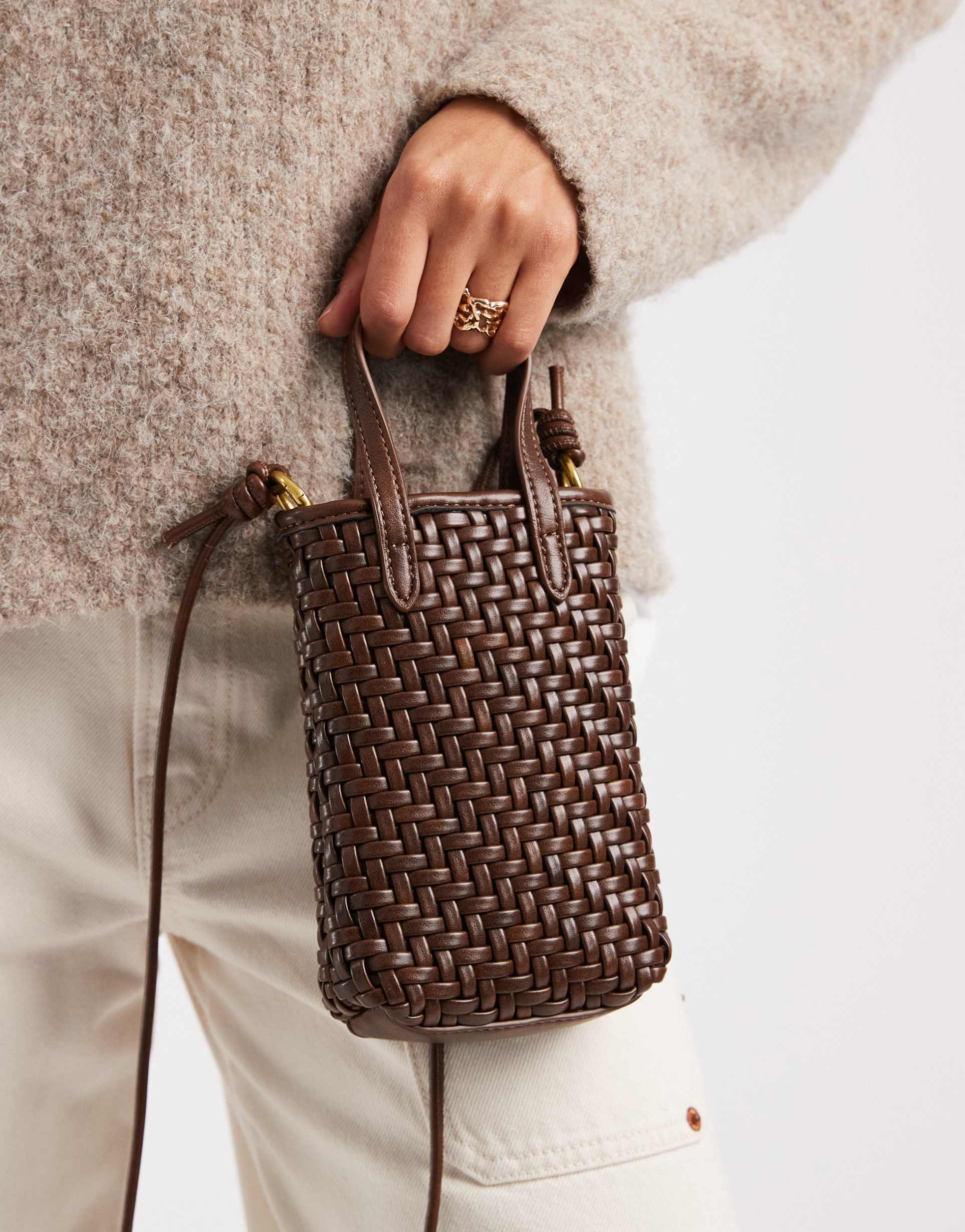 glamorous woven cross-body phone bag in dark brown