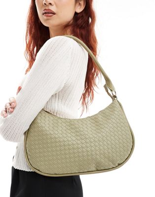 Glamorous Woven Detail Crescent Shoulder Bag In Olive Green In Neutral