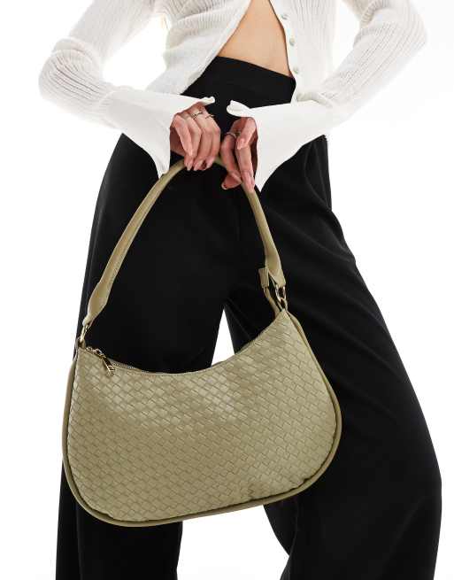 Glamorous Woven Detail Crescent Shoulder Bag in Olive Green