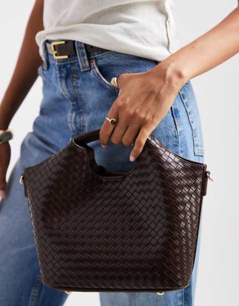 Glamorous woven detail grab top handle bag in chocolate brown - view 1