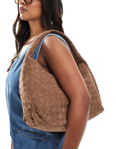 Glamorous woven oversized faux suede shoulder bag in brown - view 1