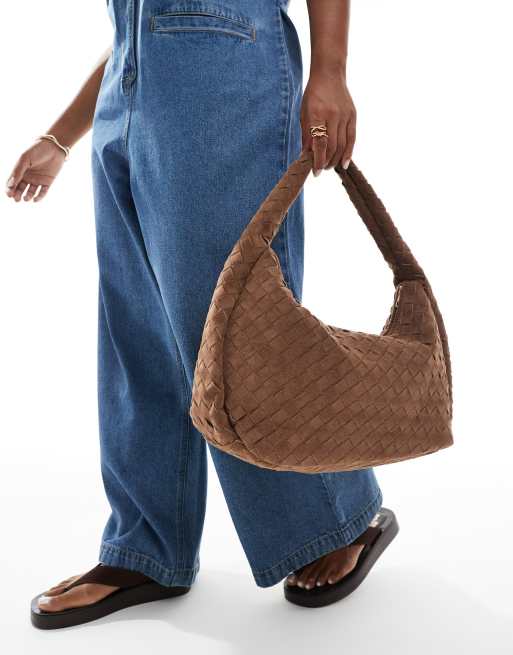 Glamorous woven oversized faux suede shoulder bag in brown