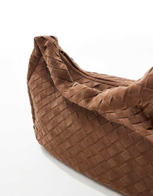 Glamorous woven oversized faux suede shoulder bag in brown