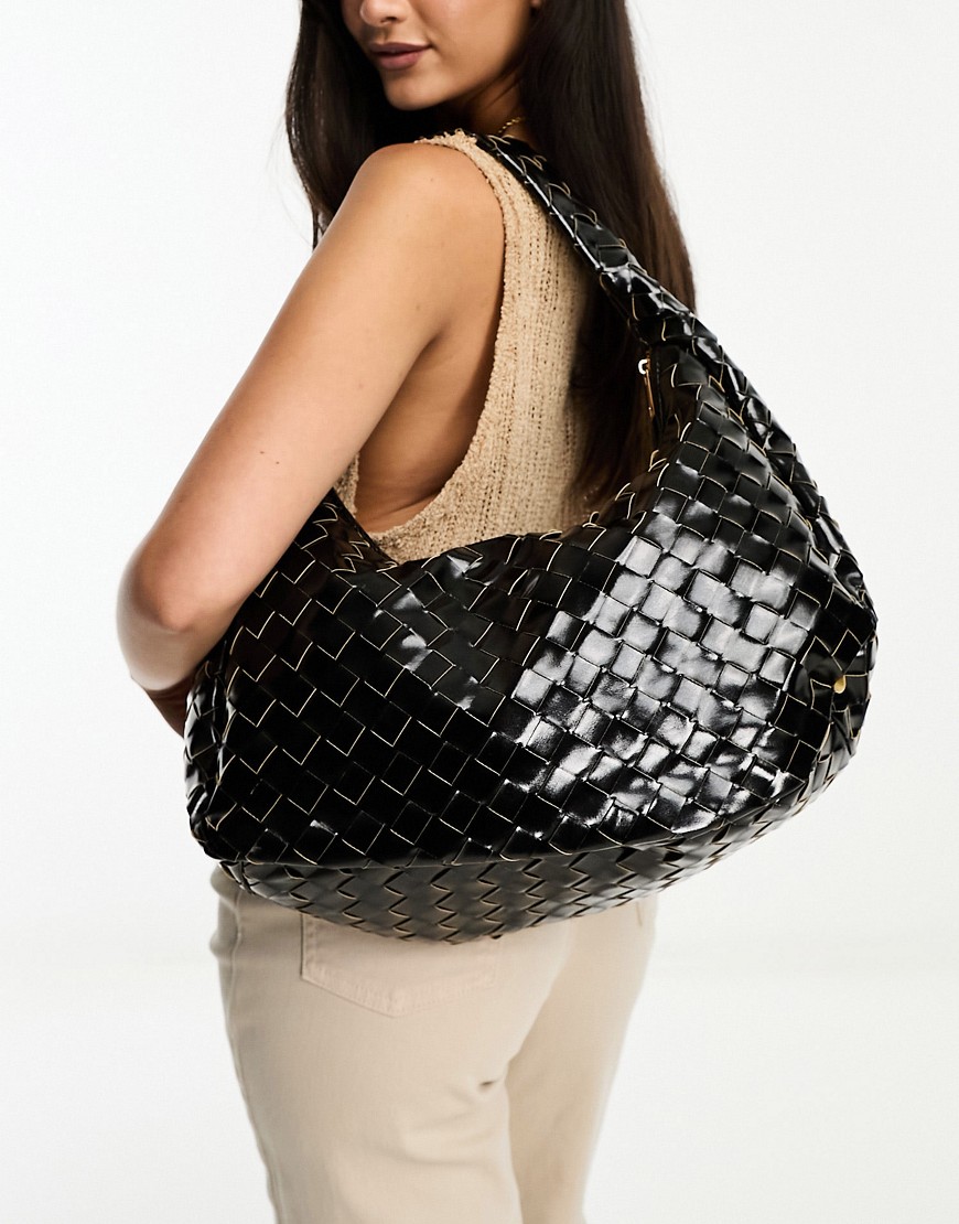 Glamorous woven oversized shoulder bag in black