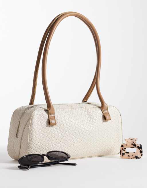 Glamorous woven raffia elongated shoulder bag with faux leather details in cream, 2 of 4