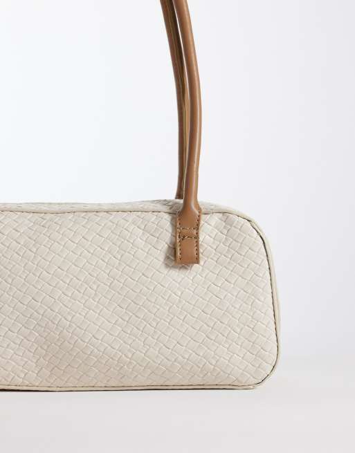 Glamorous woven raffia elongated shoulder bag with faux leather details in cream, 3 of 4