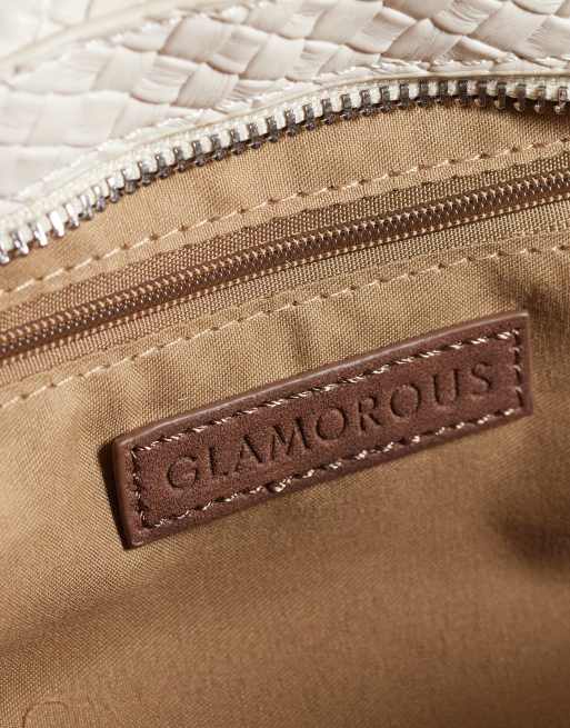 Glamorous woven raffia elongated shoulder bag with faux leather details in cream, 4 of 4