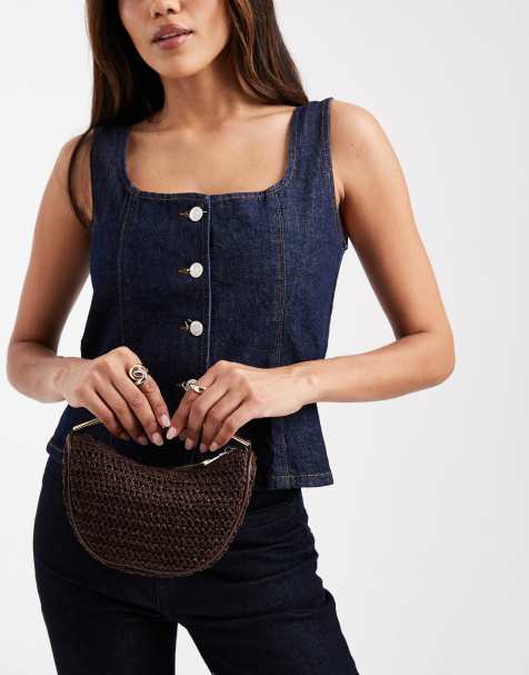 Glamorous woven raffia grab bag with gold metal handle in brown - view 1