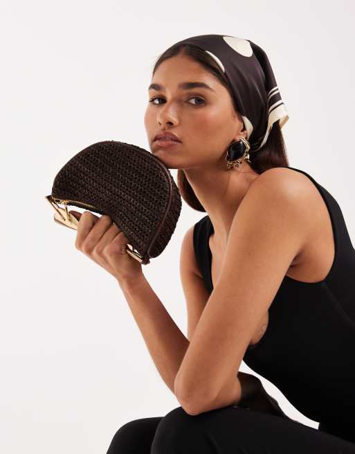 Glamorous woven raffia grab bag with gold metal handle in brown, 4 of 4