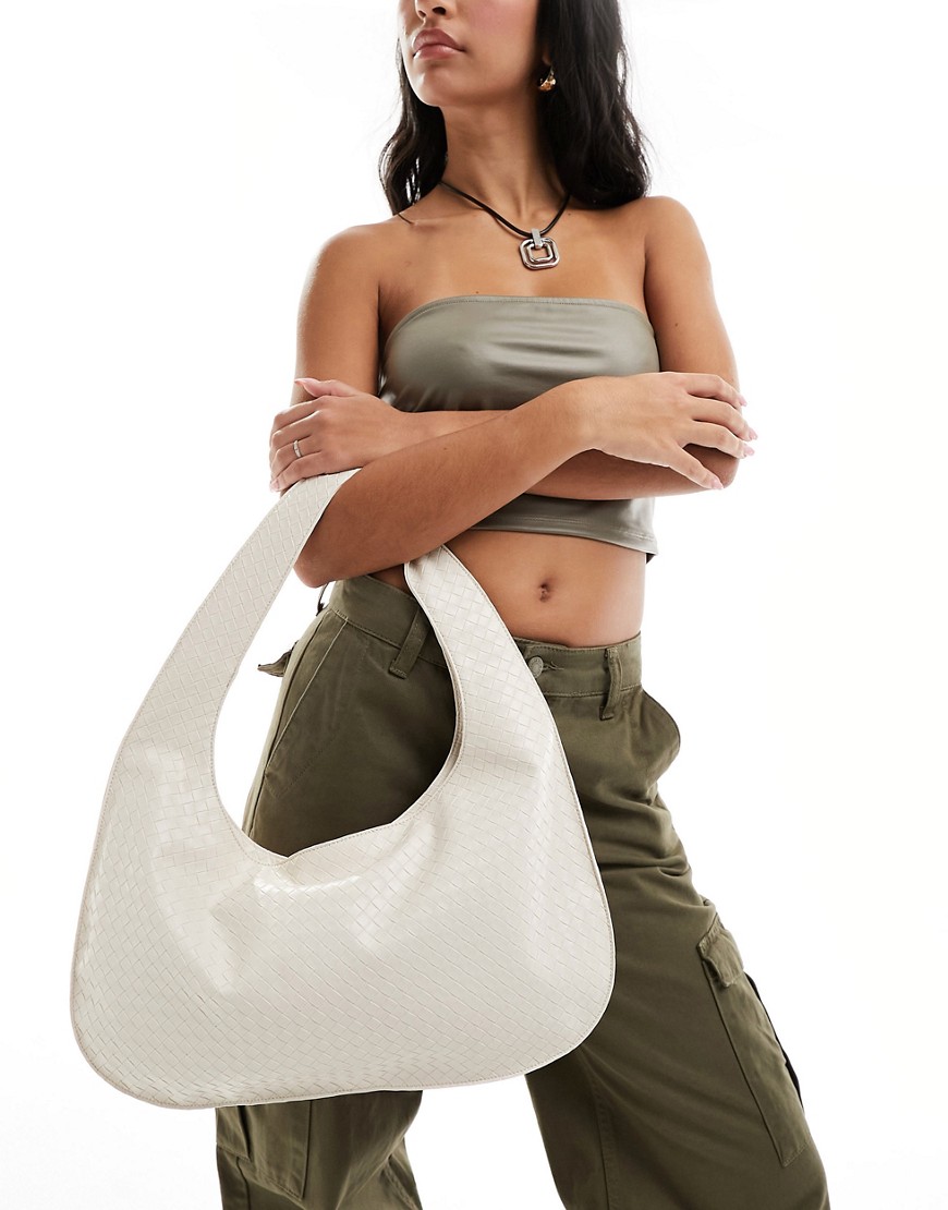 Glamorous woven shoulder tote bag in cream-White