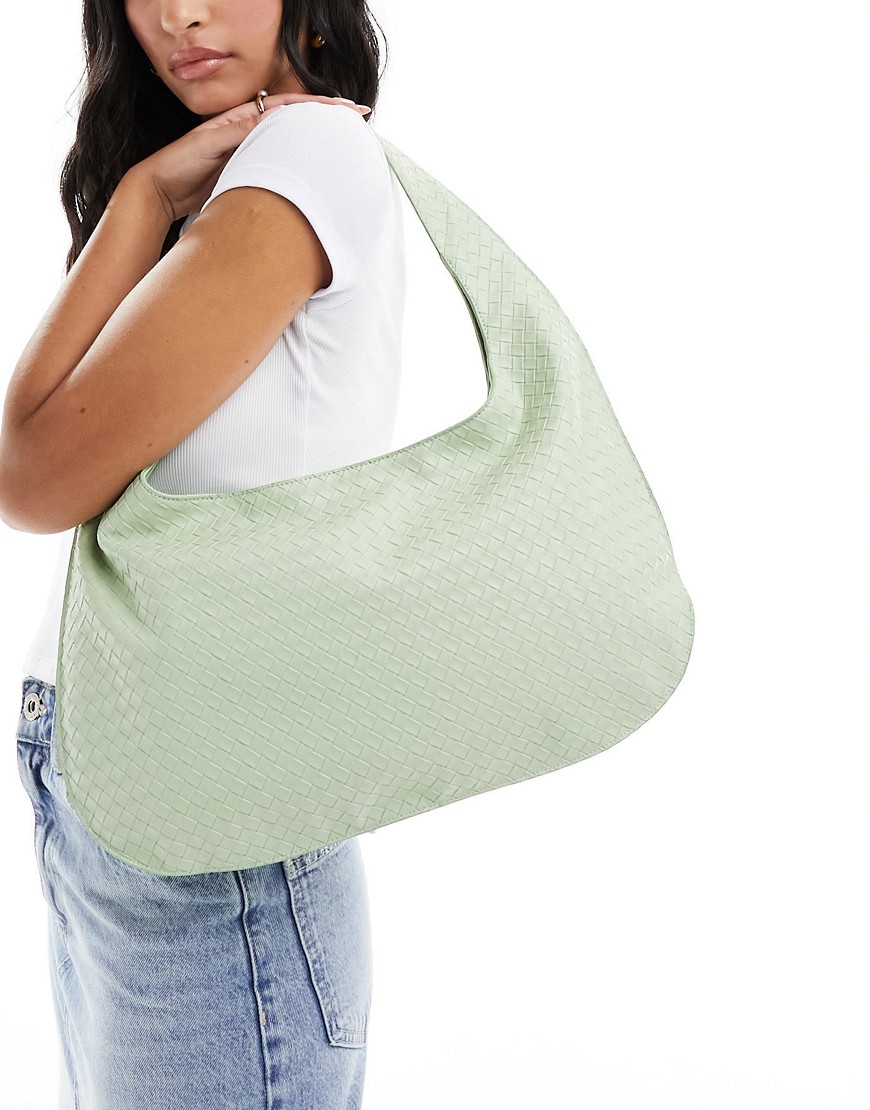woven shoulder tote bag in pale green-Pink