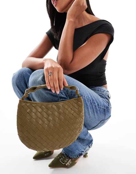 Glamorous woven texture grab bag in olive green - view 1