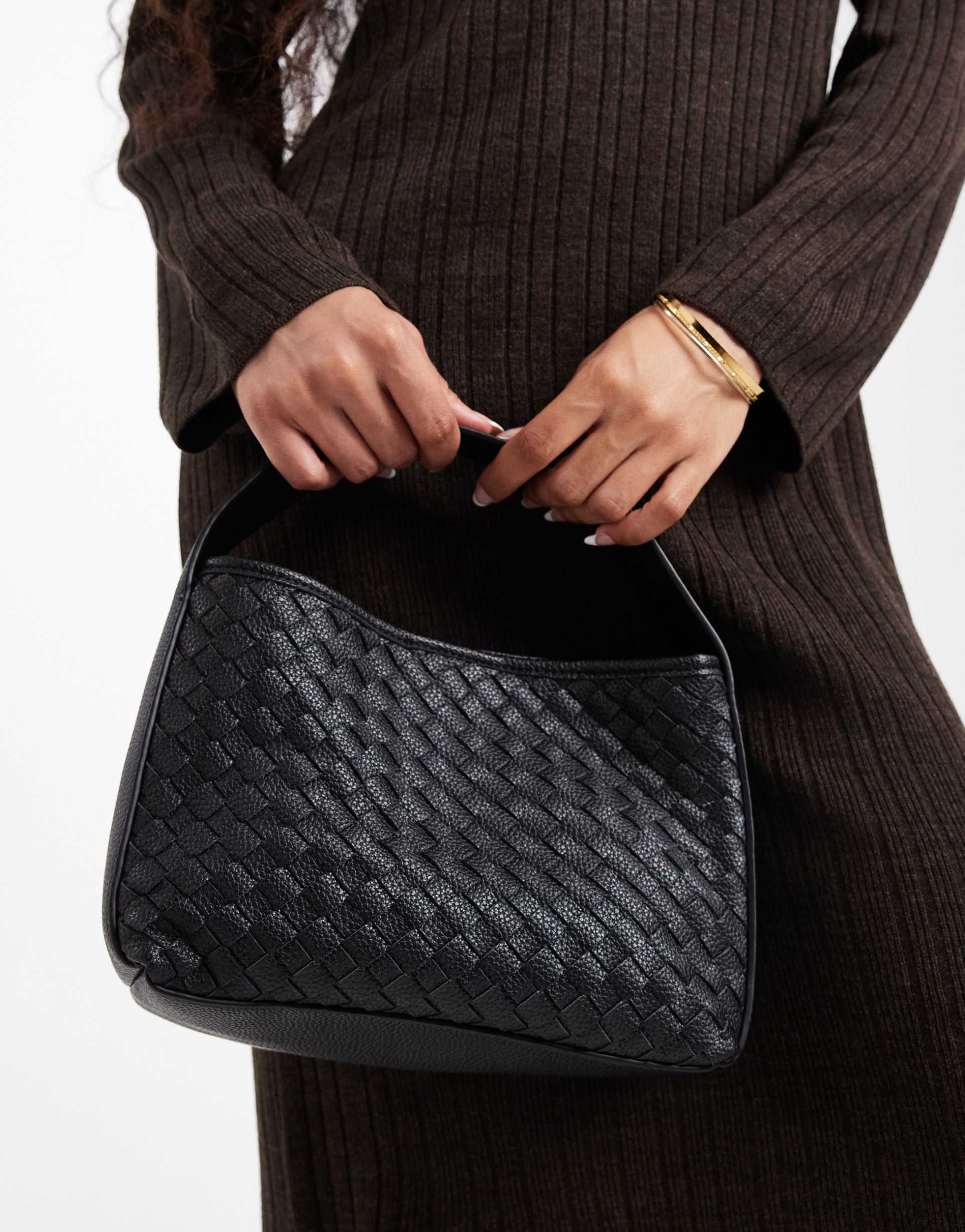 glamorous woven top handle bag in black