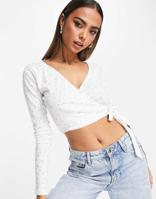 Glamorous wrap crop top in white ditsy pointelle