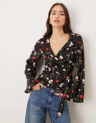 Glamorous Wrap Flared Sleeve Blouse In Black