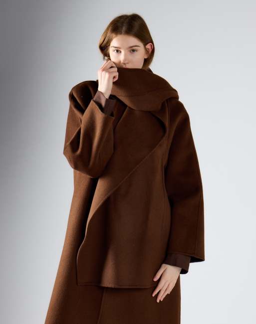 Glamorous Wrap front coat with scarf in rich brown, 4 of 4