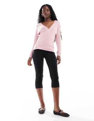 Glamorous wrap front jumper in baby pink knit