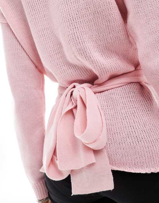 Glamorous wrap front jumper in baby pink knit, 4 of 4