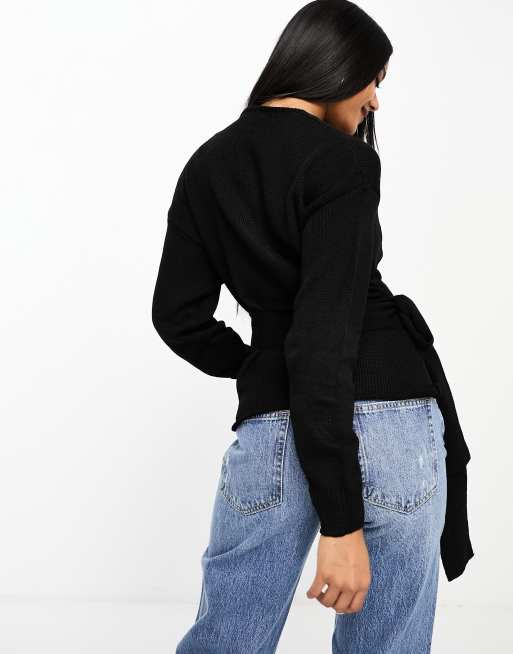 Glamorous wrap front jumper in black knit | ASOS