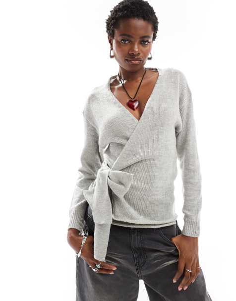 Glamorous wrap front jumper in grey marl knit - view 1