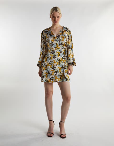 Glamorous Wrap front mini dress in mustard floral - view 1