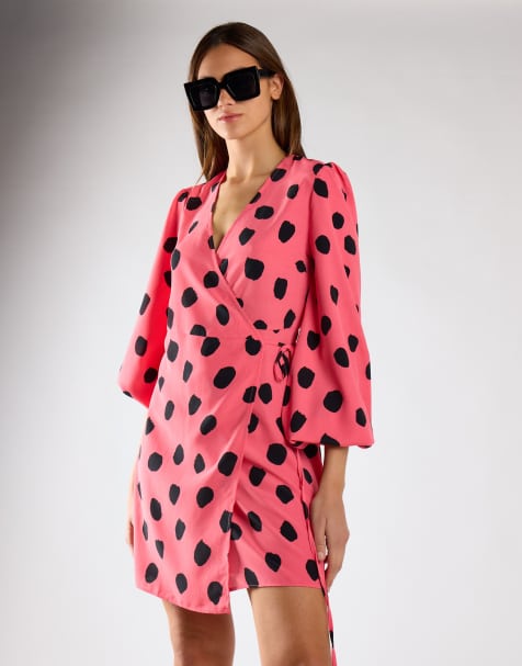 Glamorous Wrap front mini dress in pink black messy spot - view 1