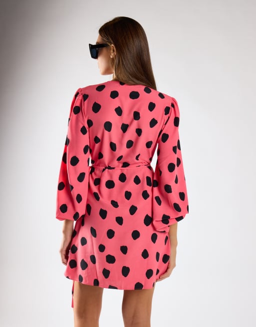 Glamorous Wrap front mini dress in pink black messy spot, 2 of 4