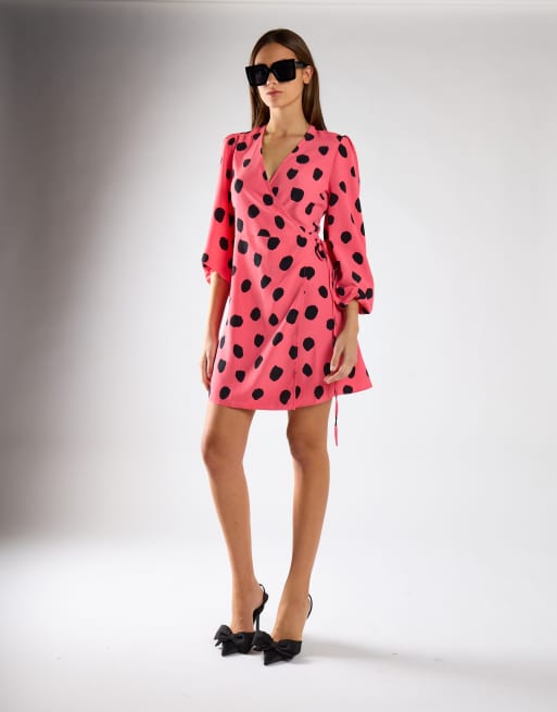 Glamorous Wrap front mini dress in pink black messy spot, 3 of 4
