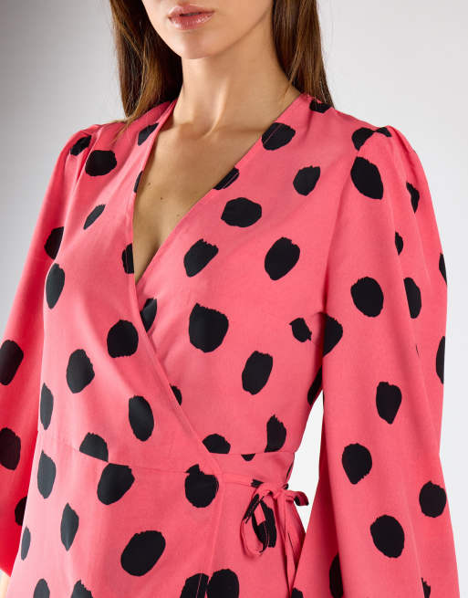 Glamorous Wrap front mini dress in pink black messy spot, 4 of 4