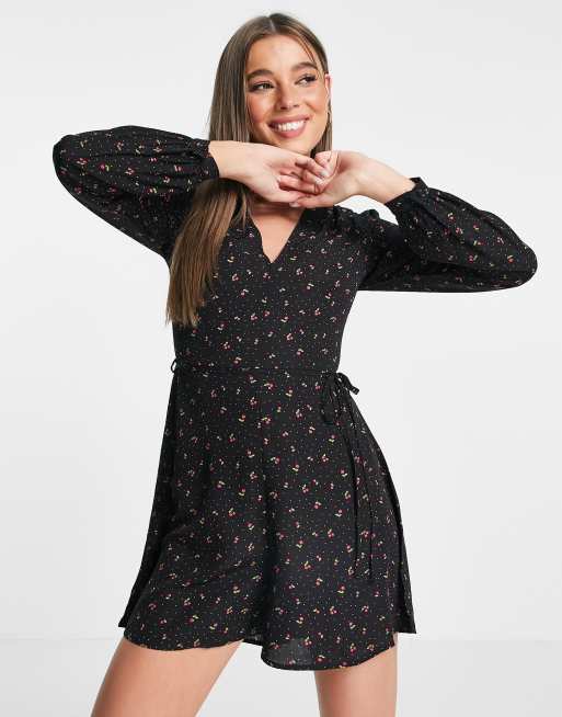 Glamorous wrap front relaxed playsuit in black cherry print