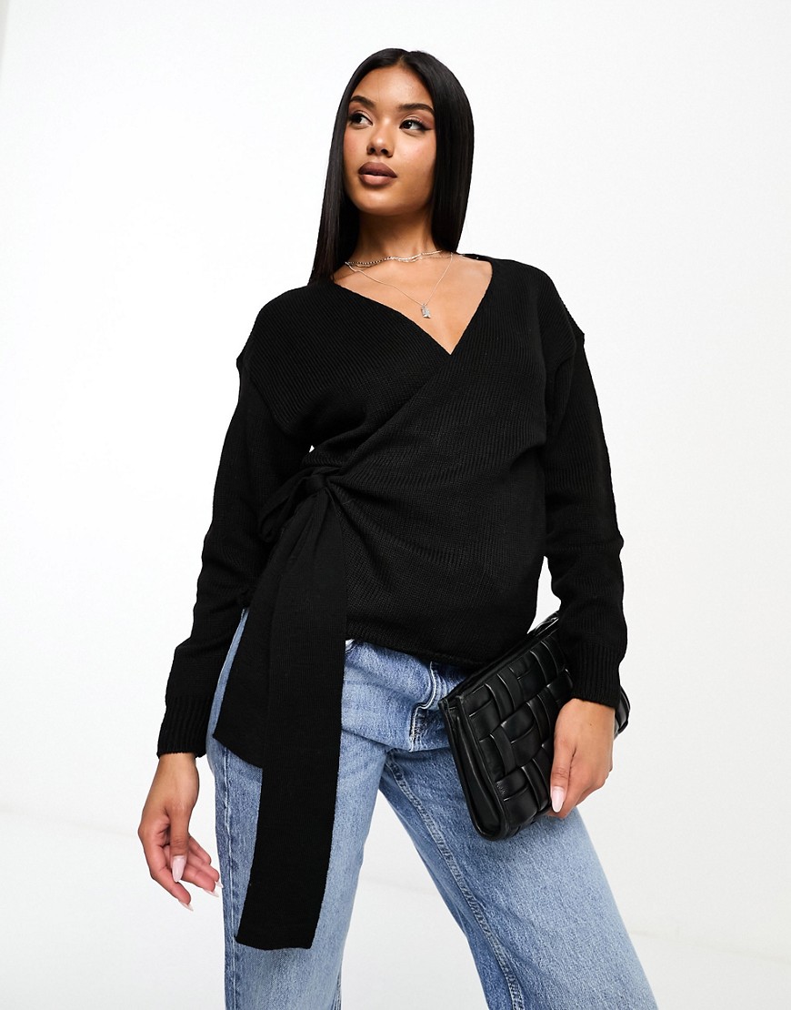 Glamorous Wrap Front Sweater In Black Knit