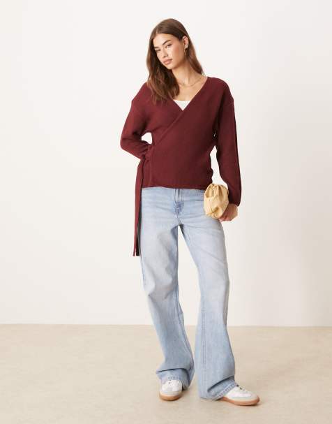 Glamorous wrap front sweater in burgundy - view 1