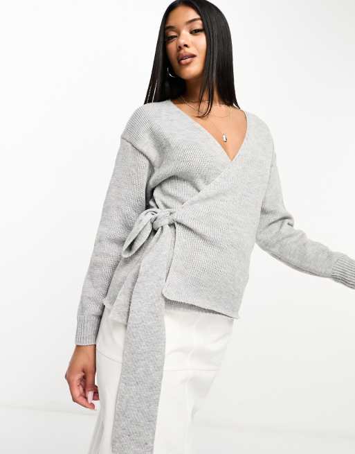 Glamorous wrap front sweater in gray heather knit