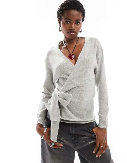 Glamorous wrap front sweater in gray heather knit | ASOS